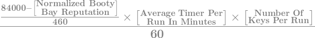  (((84000 - [Normalized Booty Bay Reputation])/460)*[Average Time Per Run in Minutes]*[Number of Runs per Key] )/60
